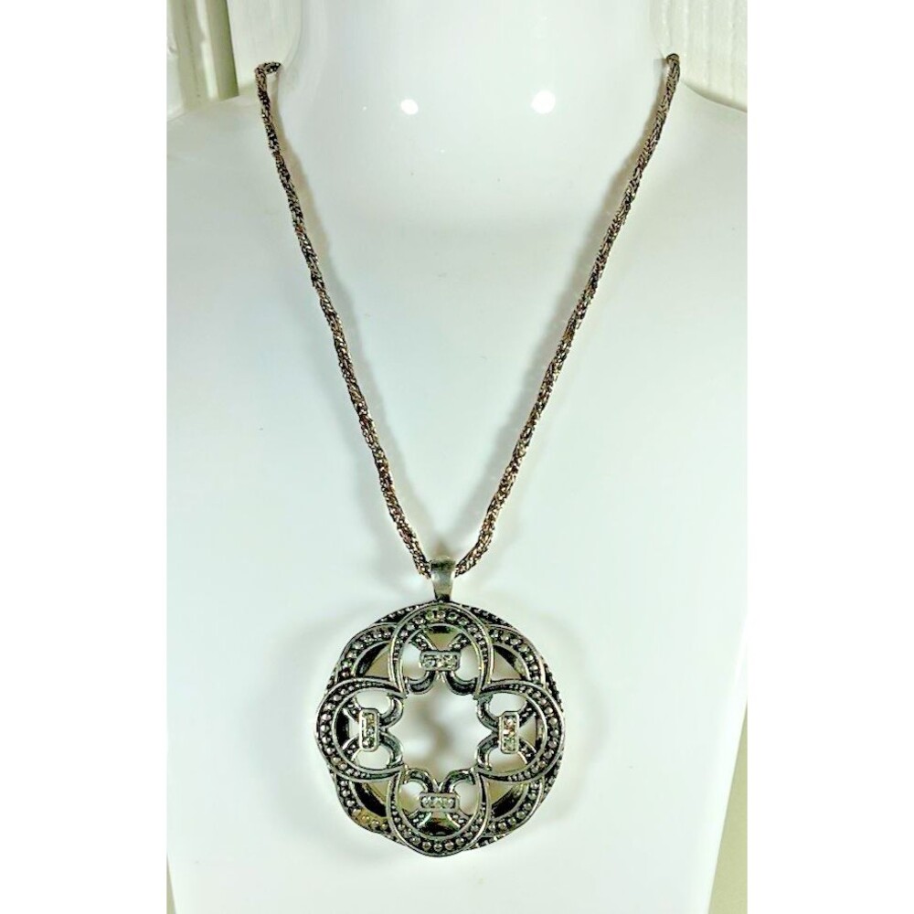 Celtic Knot Necklace w/ Small Inset Crystals Medieval Openwork Silver Tone 20"